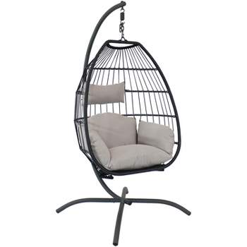 Sunnydaze Outdoor Resin Wicker Patio Oliver Lounge Hanging Basket Egg Chair Swing with Cushions, Headrest, and Steel Stand Set - Gray - 3pc