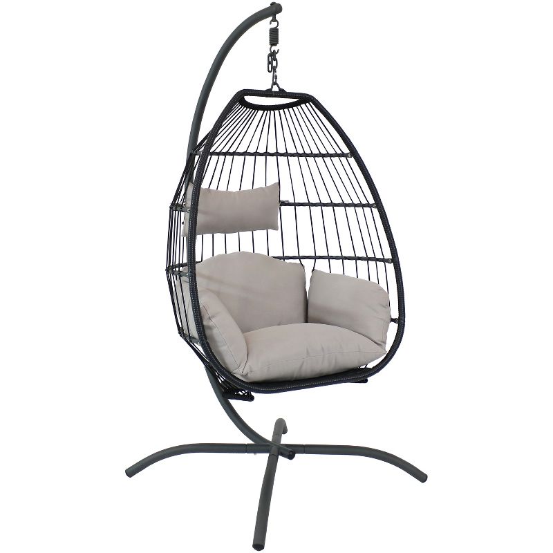 Sunnydaze Outdoor Resin Wicker Patio Oliver Lounge Hanging Basket Egg Chair Swing with Cushions, Headrest, and Steel Stand Set - Gray - 3pc, 1 of 11