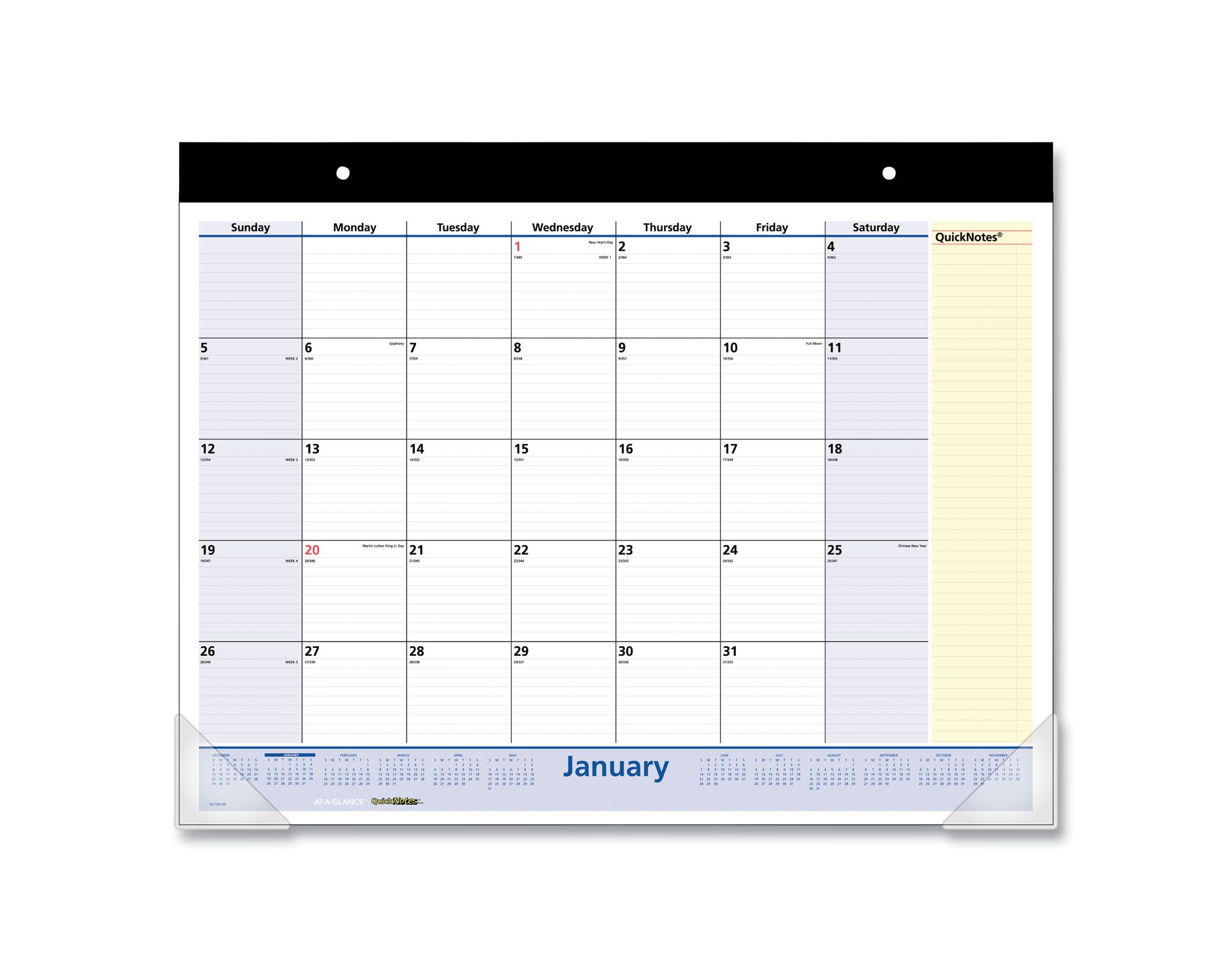 QuickNotes Desk Pad, 22 x 17, White/Blue/Yellow Sheets, Black Binding, Clear Corners, 13-Month: Jan 2026 to Jan 2027