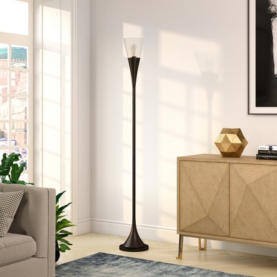 Hudson and Canal Torchiere Floor Lamp with Glass Shade Blackened Bronze: Sleek Metallic Finish, UL Listed
