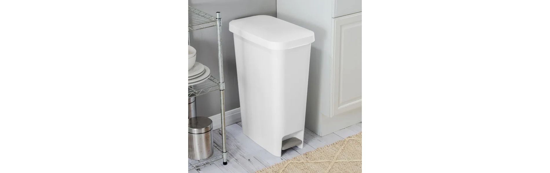 11gal Slim Step Trash Can - White Pedal-Operated Lid, Textured Indoor Kitchen Trashcan, 11 Gallon Capacity