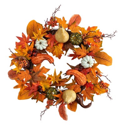 Nearly Natural 24” Autumn Pumpkin, Gourd and Berries in Assorted Colors Artificial Fall Wreath