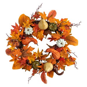 Nearly Natural 24” Autumn Pumpkin, Gourd and Berries in Assorted Colors Artificial Fall Wreath - 1 of 3