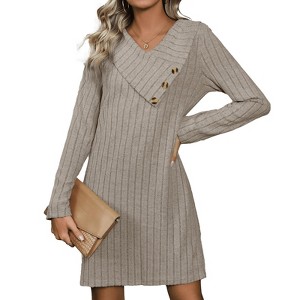 Women's Solid Color Brushed Rib Knit Dress with Buttoned Asymmetric Neck, Straight - Cut Dress for Casual and Daily Wear - 1 of 4