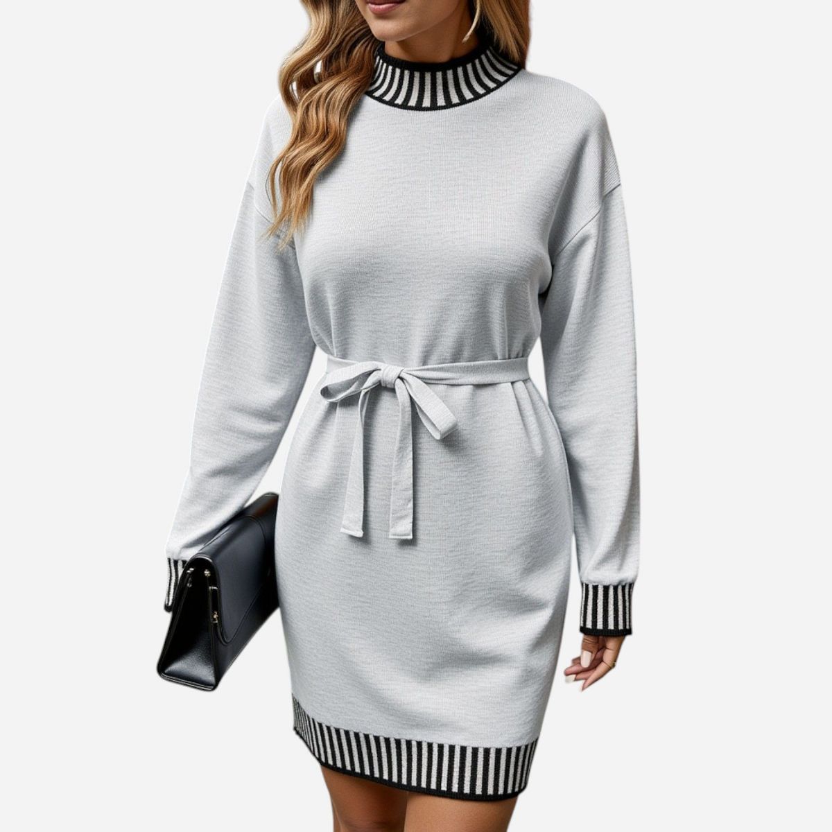 Anna-Kaci Women's Long Sleeve Sweater Dress with Striped Trim and Waist Tie