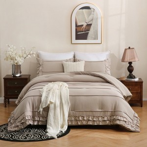 Pinch Pleat Comforter Set – 3-Piece Shabby Chic Boho Bedding, Soft Washed Microfiber Quilt Set with Pillow Shams - 1 of 4
