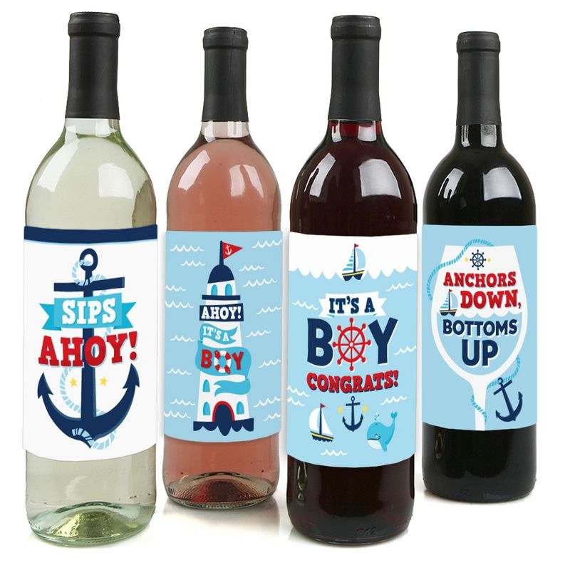 Big Dot of Happiness Ahoy It's a Boy - Nautical Baby Shower Decorations for Women and Men - Wine Bottle Label Stickers - Set of 4, 1 of 9