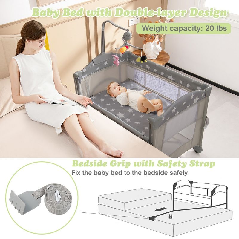Costway 5-in-1 Baby Beside Sleeper Bassinet Portable Crib Playard w/Diaper Changer, 4 of 11