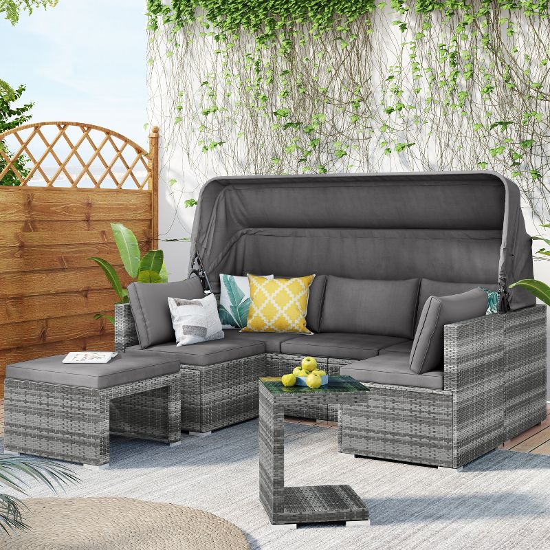 5 PCS Outdoor Sectional Rattan Daybed Sofa Set, Patio PE Wicker Conversation Furniture Set with Canopy and Tempered Glass Side Table, Gray-ModernLuxe, 2 of 13