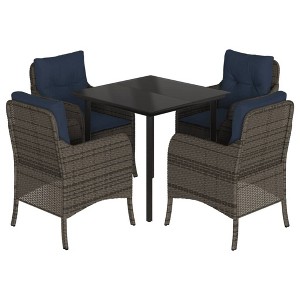 vidaXL Poly Rattan Patio Dining Set - 5 Piece Outdoor Furniture with Cushions, Tempered Glass Tabletop, Steel Frame - Gray/Navy Blue - 1 of 4