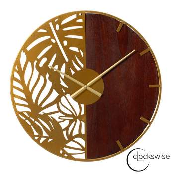 Clockswise 23.6” Round Big Wall Clock, brown wood and gold Metal with Leaf Cutout for Entryway Office Living Room or Kitchen, Hanging Supplies Include