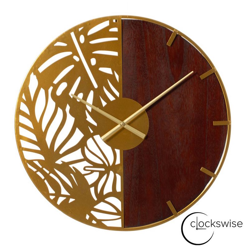 Clockswise 23.6” Round Big Wall Clock, brown wood and gold Metal with Leaf Cutout for Entryway Office Living Room or Kitchen, Hanging Supplies Include, 1 of 9