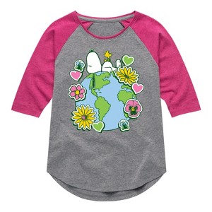Girls' - Peanuts - Snoopy Woodstock Earth Stickers Shirt Tail Raglan Graphic T-shirt - 1 of 4