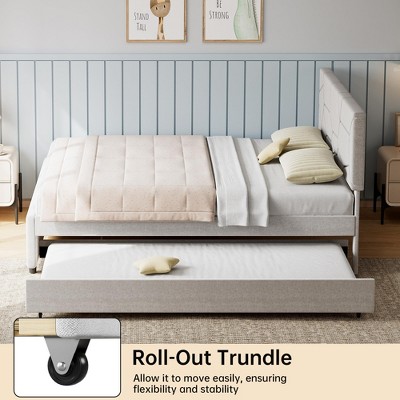 Trundle Bed Twin, Full Size Upholstered Platform Bed Frame, Pull Out Bed with Headboard, Wood Slat Support, for Bedroom, Living Room, Guest Room