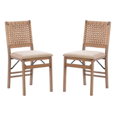 Linon Set of 2 Valley Woven Back Padded Seat Midcentury Modern Folding Chair Natural