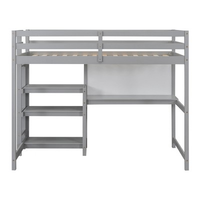 Gray loft bed with ladder and shelves, front view