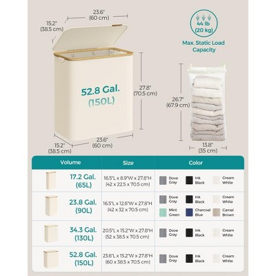 Cream White Collapsible 3-Section Laundry Hamper with Bamboo Lid