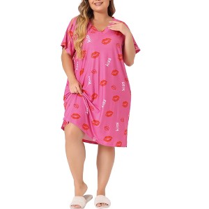 Agnes Orinda Women's Plus Size Comfort Pattern V Neck Short Sleeve Nightgowns - 1 of 4