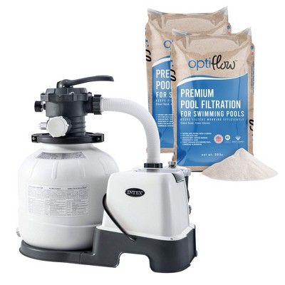 Intex 26675EG Krystal Clear 1600 GPH Sand Filter Pump for Above Ground Pools Bundled with OptiFlow 2 Pack Premium Pure Silica Filter Sand, 50 lb Bags
