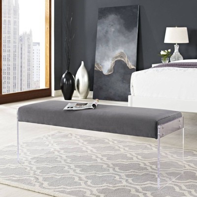 Gray Velvet Bench with Clear Acrylic Legs
