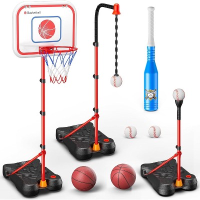 Adjustable 2 in 1 Basketball Hoop and T Ball Set for Kids Ages 2-8 Outdoor Play Toys Gift