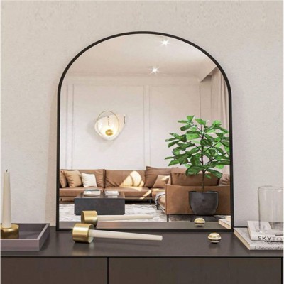 26" x 38" Arched Mantle Mirror, Black/Gold-HOMLUX: Metal Frame, Wall Mount, Modern Decor