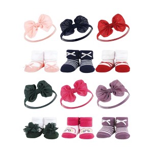 Hudson Baby Infant Girl 12Pc Headband and Socks Giftset, Red Navy Bows Green Purple, One Size - 1 of 3