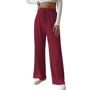 Clearlove Womens Wide Leg Palazzo Pleated Pants Ribbed Knit High Waist Flowy Drawstring Loose Casual Trousers - 1 of 4