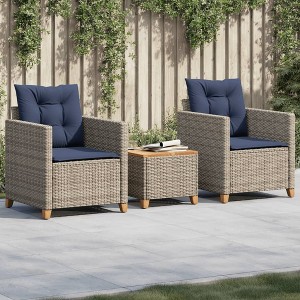 vidaXL 3 Piece Bistro Set with Cushions Gray Poly Rattan Acacia Wood - 1 of 4