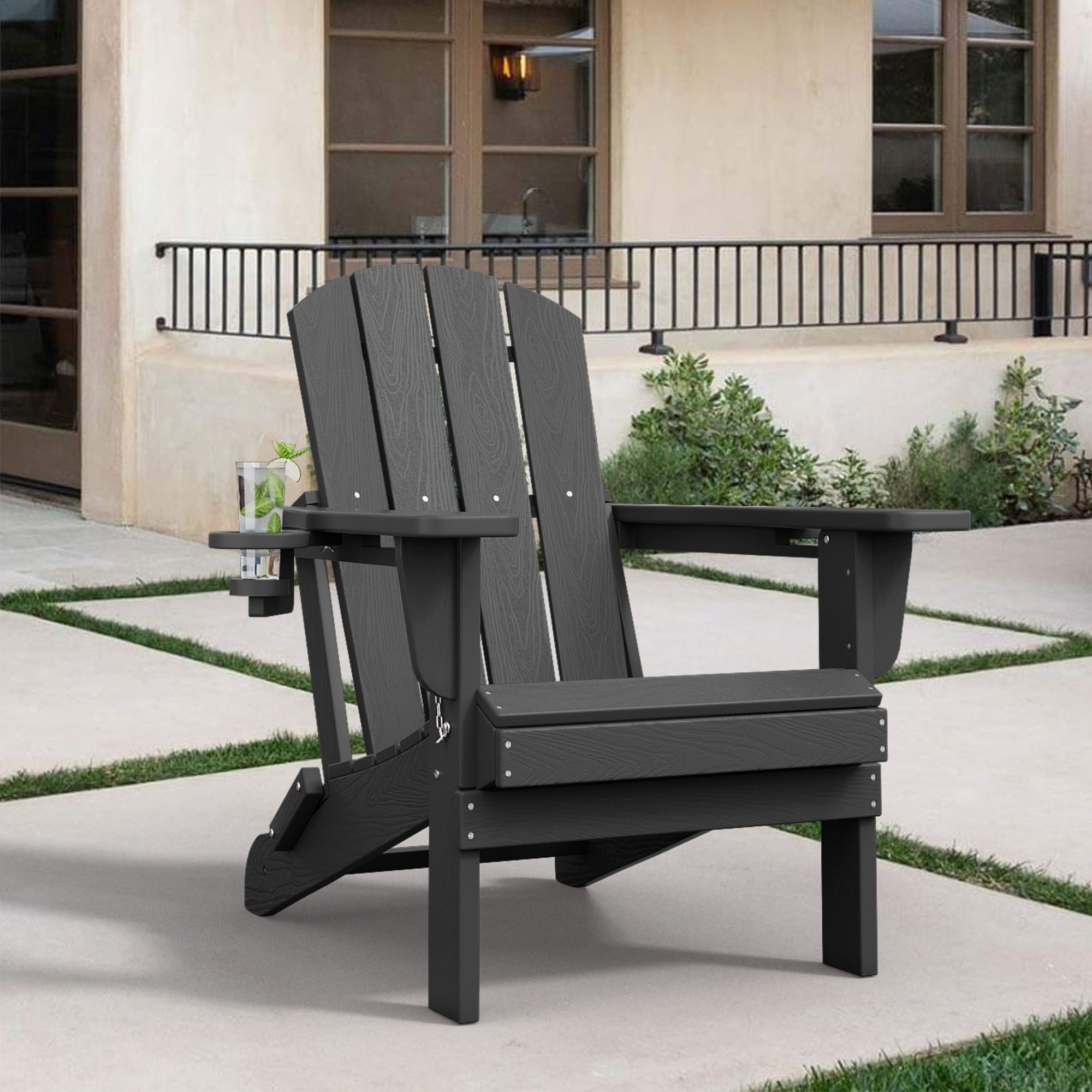 Hyleory Gray Outdoor HDPE Folding Adirondack Chairs with 2 Cup Holders-Weatherproof Patio Accent Chair for 380 LBS Weight Capacity