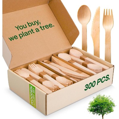 Attop 300 Pieces Wooden Compostable Cutlery Set [120 Forks, 90 Knives, 90 Spoons] Eco Friendly Forks And Spoons