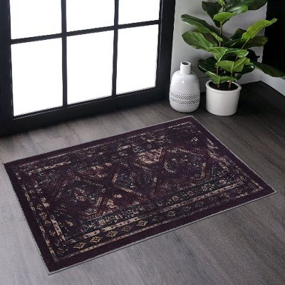 Kumasinova Area Rug, Soft Low-Pile Living Room Rug, Non-Slip Rugs for Living Room, Stain-Resistant Boho Style Washable Rug, Black & Gold Door Mat