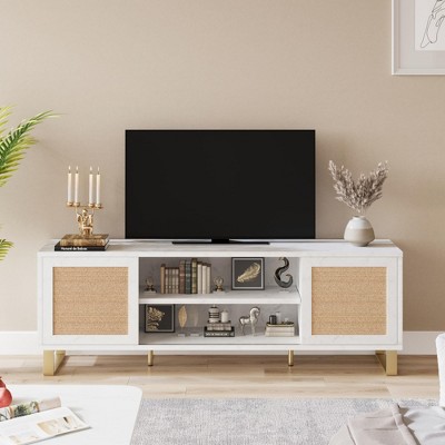 Rattan Door Low Stand for TVs Up to 65 Inches, Entertainment Center with Adjustable Shelf Storage Cabinets