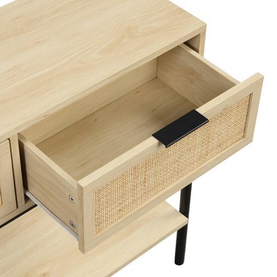 Light Oak and Black Rattan Console Table with Storage