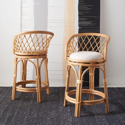 Natural Rattan Counter Stool with White Linen Cushion