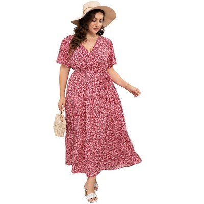 Womens Plus Size V Neck Wrap Maxi Dress High Waist Ruffle Summer Casual Dress with Belt, Red White Flower, 4XL