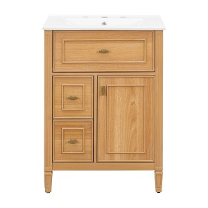 Gulches 24 Inches 1 Sink Freestanding Wood Bath Vanity with White Ceramic Top 3 Drawers Cabinet - 1 of 4