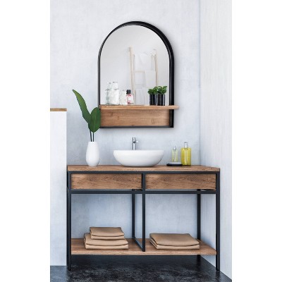 Arch Black Framed Wall Mirror with Wood Ledge