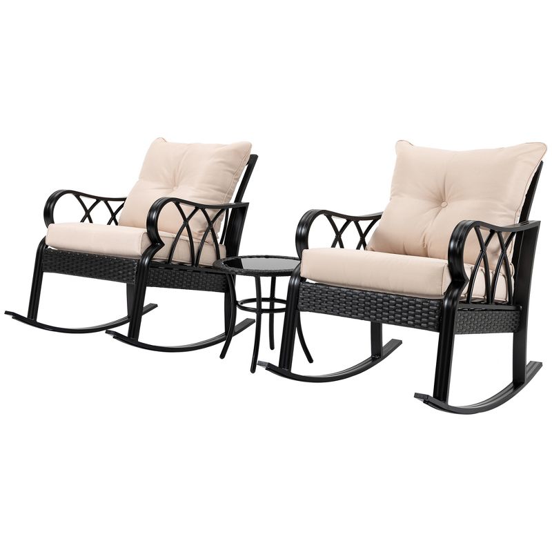 Outsunny 3-Piece Rocking Chair Bistro Set, Wicker Conversation Set, Outdoor Patio Rattan Furniture Set with Tempered Glass Side Table, Khaki, 4 of 7