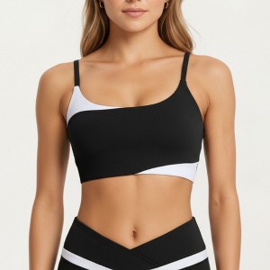 Anna-Kaci Active Women's Asymmetrical Neck Colorblock Sports Bra with Strap Design and Stretch Fit Fabric - 1 of 4