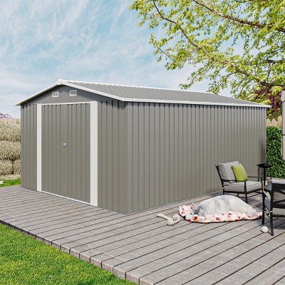 10x14 FT Outdoor Metal Storage Shed with 3 Lockable Doors, Garden Tool Shed with 4 Vents, Utility Backyard Shed for Patio Lawn-Coolbibila