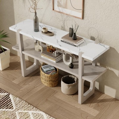 KWPZQEB Narrow Console Table with Marble-Effect Top, Farmhouse Entryway Table with Storage Shelf & Hollow Legs, Sofa Table for Living Room, Hallway