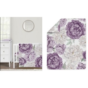 Sweet Jojo Designs Girl Baby Mini Crib Bedding Set - Peony Floral Garden Lavender Purple and Ivory 3pc - 1 of 4