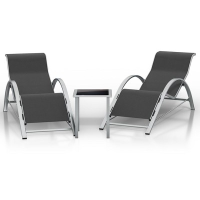 Outdoor Chaise Lounge Chairs，Portable Set of 3,Aluminum Patio Chaise Lounge 2 Chair Set with Table, for Poolside, Garden, and Beach (Black)