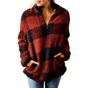 Haute Edition Women's 1/4 Zip Buffalo Plaid Faux Shearling Sweatshirt - 1 of 2