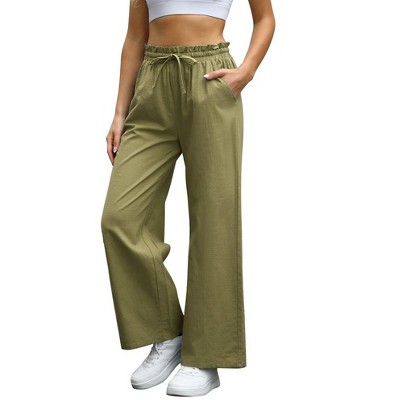 Womens Linen Pants High Waisted Wide Leg Drawstring Casual Loose Trousers with Pockets
