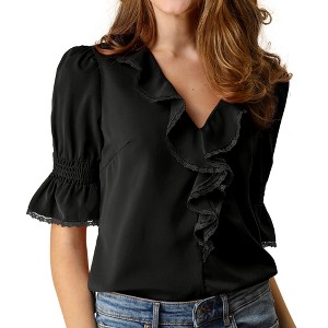 INSPIRE CHIC Women's Ruffle V Neck Puff Sleeve Summer Casual Chiffon Peasant Top - 1 of 4