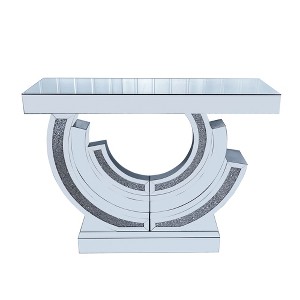 Gulches 40 in Silver 3C Shaped Glass Console Table with Crushed Diamond Inlay Hand Polished Mirrors Spiral Base - 1 of 4