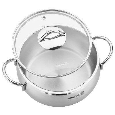 Korkmaz 2.5 Liter Polished Stainless Steel Casserole with Glass Lid