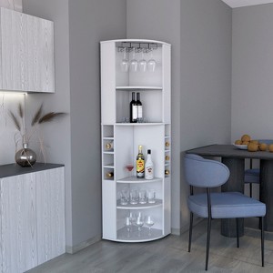 ORRD 71" Corner Bar Cabinet with Five Shelves, Eight Bottle Cubbies and Stemware,White - 1 of 4